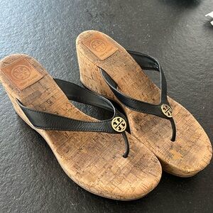 Tory Burch Wedge cork flip flop with black leather strap